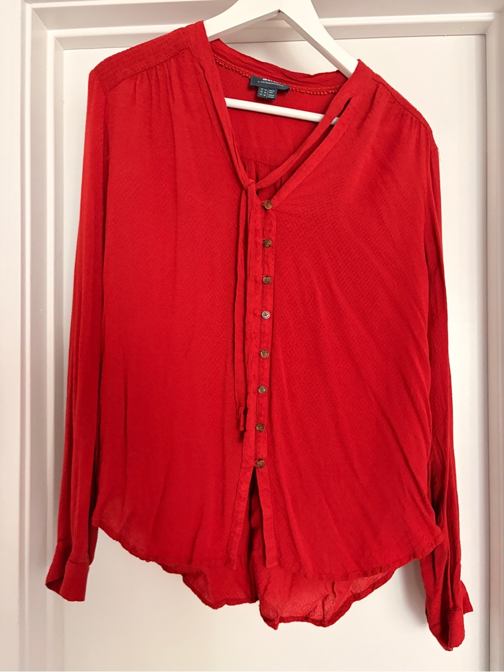 Anthropologie Maeve Brick Red Button-Front Tie-Neck Blouse
